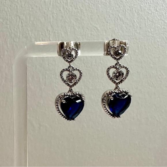 3-Hearts Luxury Earrings (Blue) - Platinum Plated - Picture 1 of 3